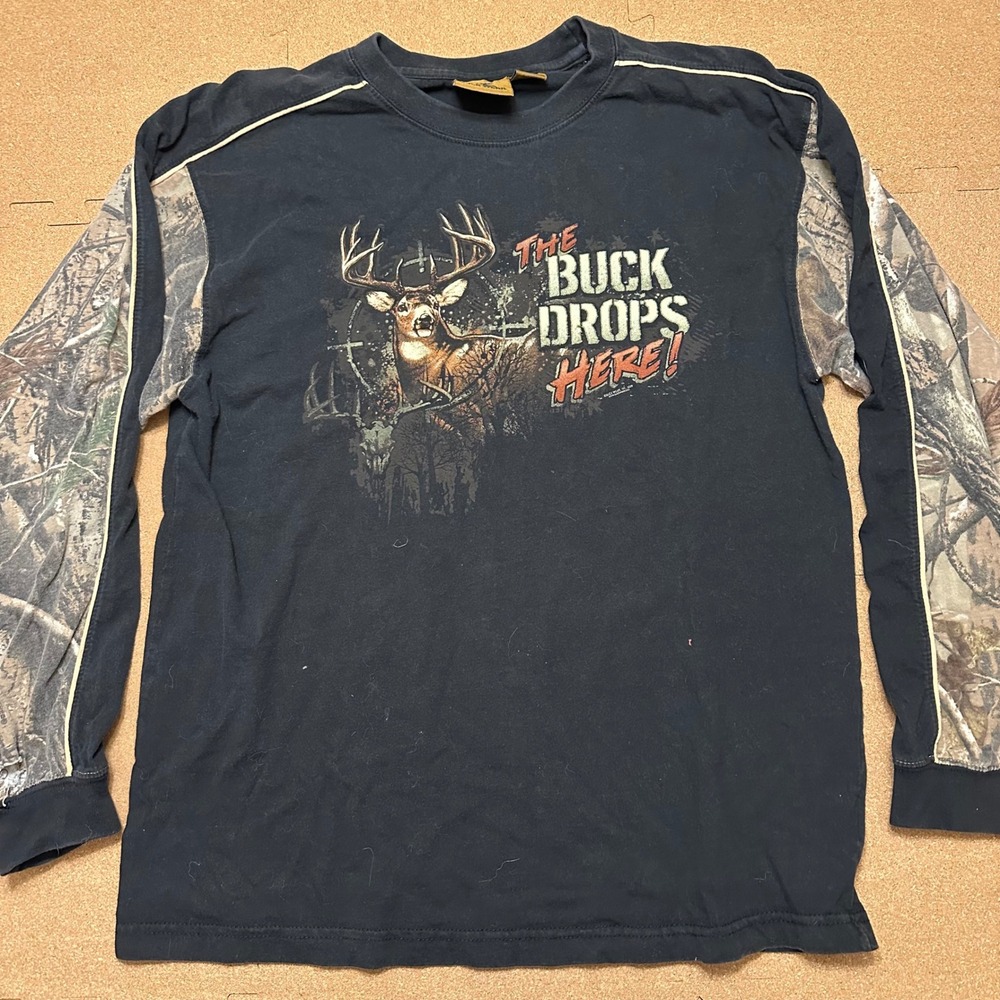 Buck Wear Shirt Mens Large Black The Buck Drops Here Camo Sleeve Hunting Graphic